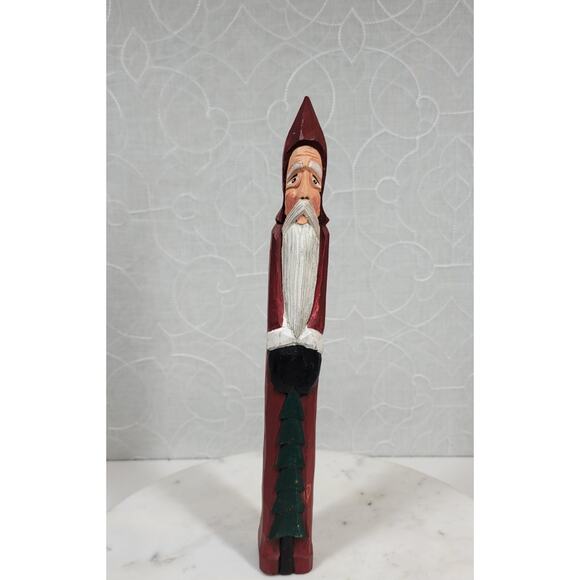Vintage Folk Art Pencil Santa 13" Red Green Christmas Tree Carved Wood 1975 - Picture 4 of 16